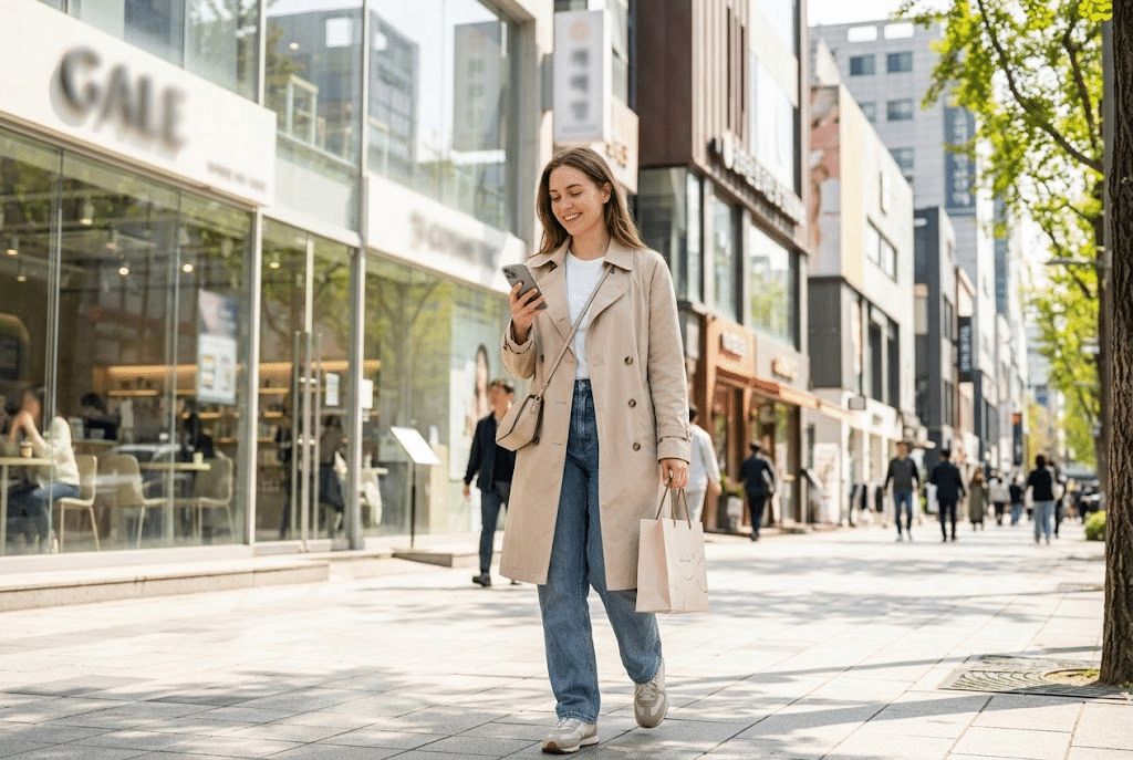 Foreign visitor in Gangnam booking Rejuran HB on the YeoTi app during a Korea trip