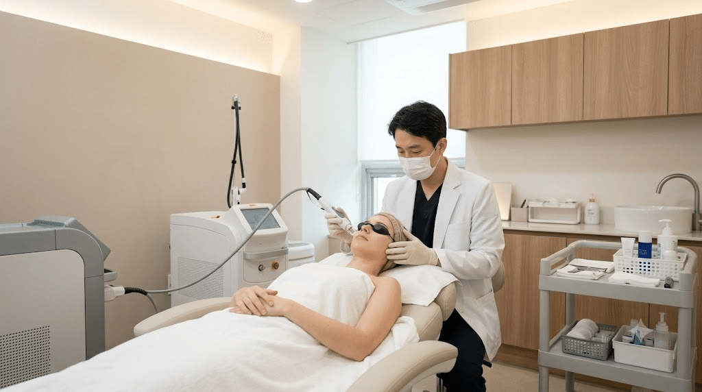 Pico toning laser treatment on a foreign patient at a Korean dermatology clinic in Seoul