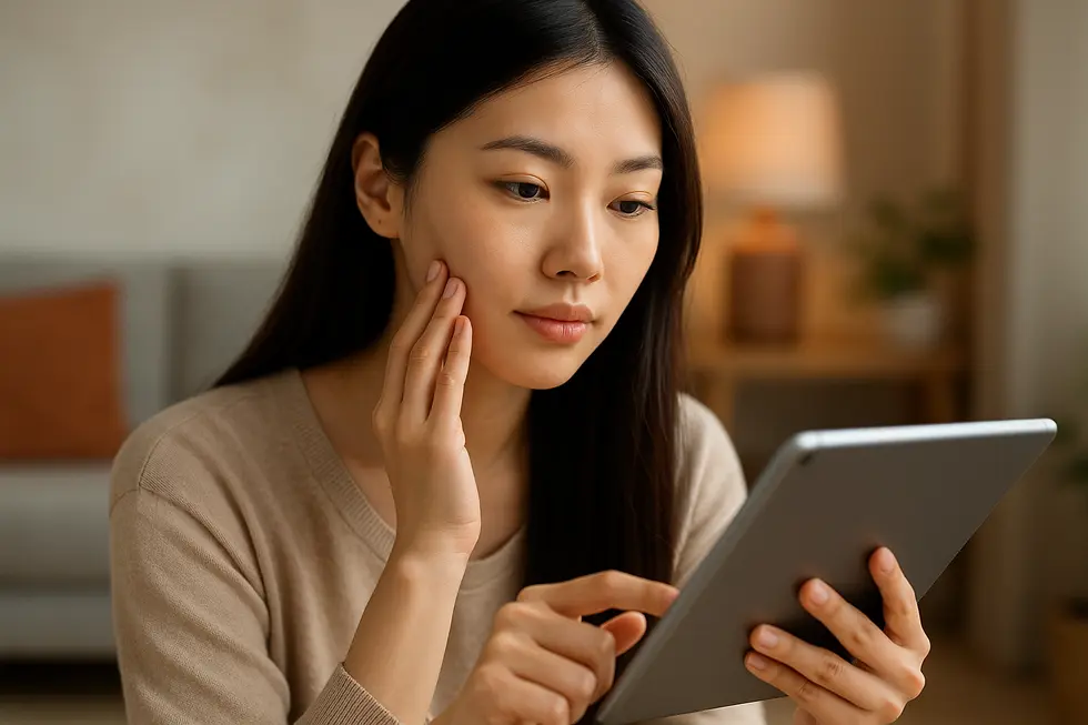 Person researching skin treatments on a tablet, hand touching cheek.