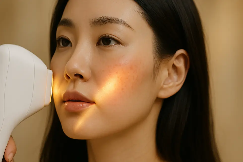 A close up of a person's face, illustrating a light beam gently treating skin imperfections.
