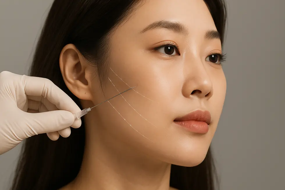 Illustration of threads gently lifting sagging skin on a face.