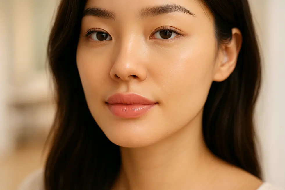 Woman smiling softly, showing natural-looking results after lip filler treatment.