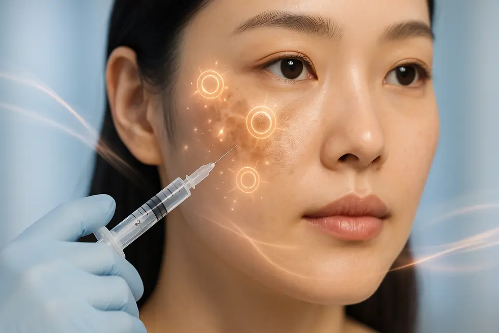 A person's face with subtle melasma, overlaid with gentle light effects suggesting treatment.