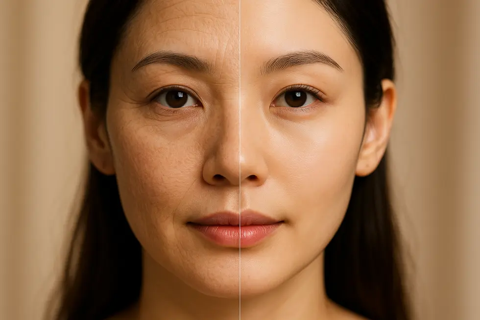Before and after comparison on a woman's face, showing improvement in skin texture, tone, and wrinkles after fractional laser treatment.