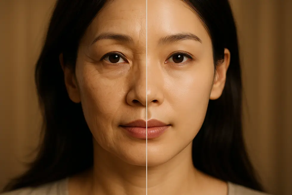 Before and after visual concept showing skin aging on one side of a face and younger-looking skin on the other.