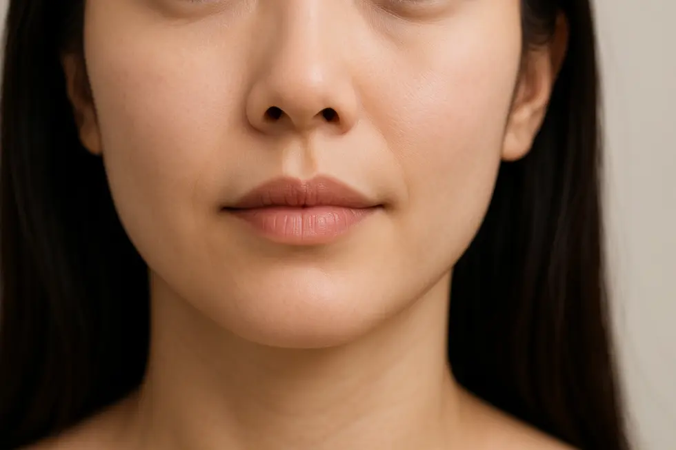 Close-up of a mouth, illustrating the difference between a downturned and slightly lifted corner.