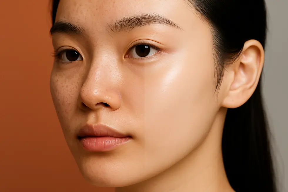Close-up image showing a visual representation of skin before and after a gentle peel, illustrating improved texture and radiance.
