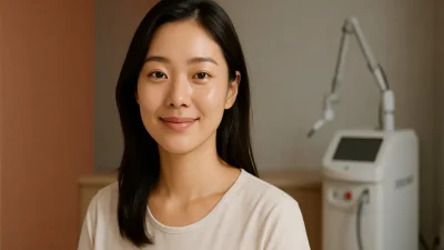 A confident woman with clear skin in a modern, serene dermatology clinic, with a Sellas laser in the background. The image has a warm, professional terracotta and gray color scheme.