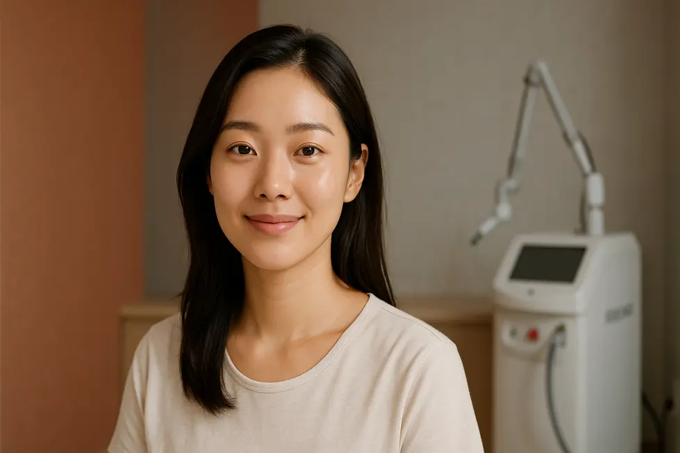 A confident woman with clear skin in a modern, serene dermatology clinic, with a Sellas laser in the background. The image has a warm, professional terracotta and gray color scheme.