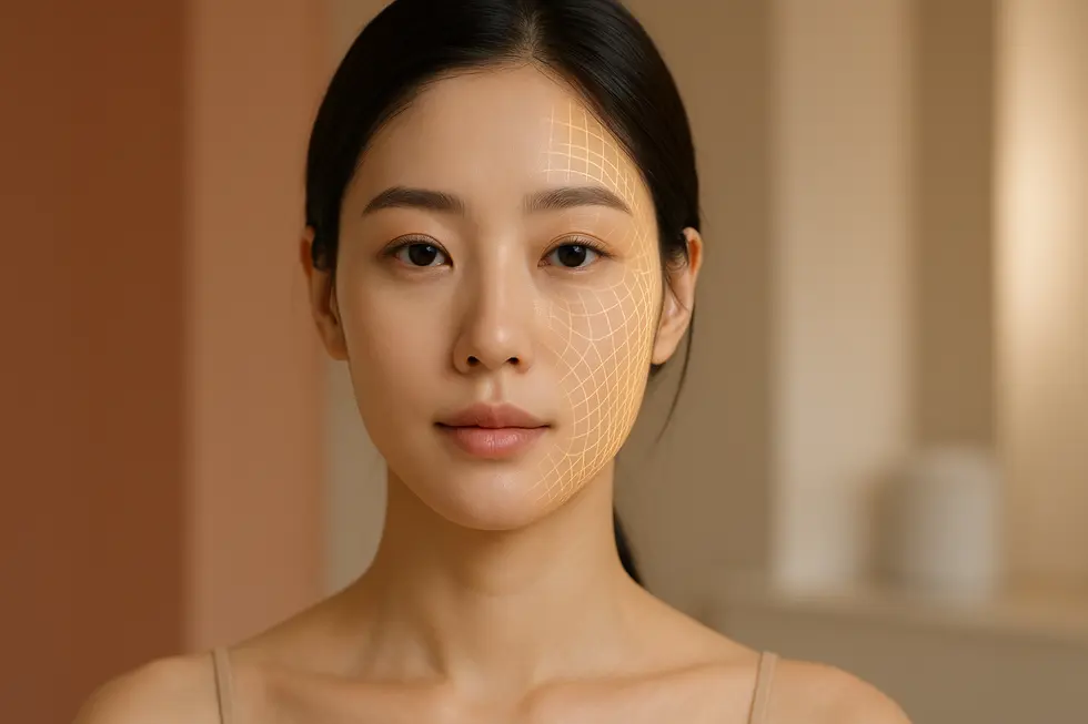 A woman's face, half of which shows a visualization of the Ultra Focus energy grid, symbolizing the skin tightening and rejuvenation process.