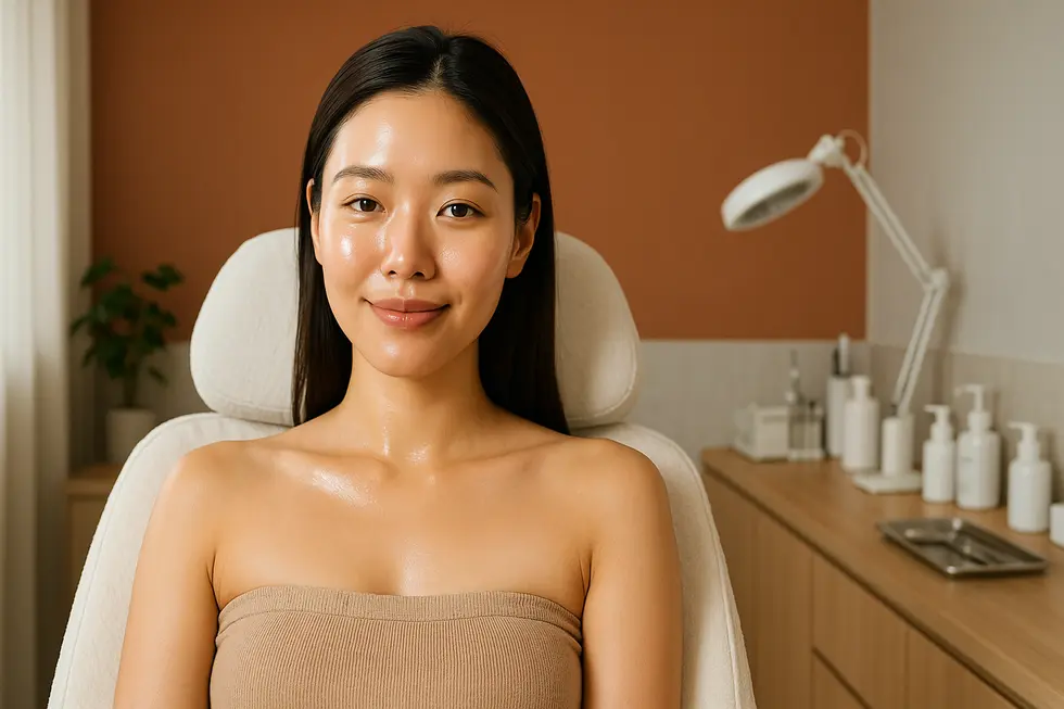 A woman with beautiful, glowing skin in a modern clinic, representing the results of a XELHA peel treatment.