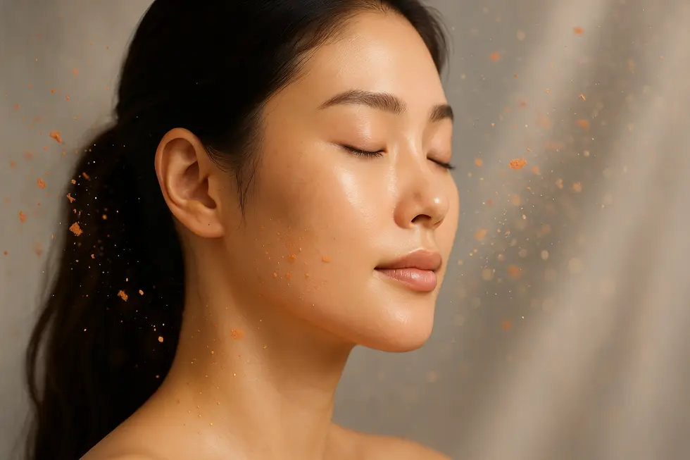A woman with radiant, flawless skin basks in a soft light, with shimmering terracotta particles symbolizing the regenerative power of the XELHA peel.