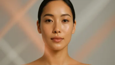 A woman with radiant skin, with abstract terracotta and gray light effects symbolizing the triple toning laser procedure.