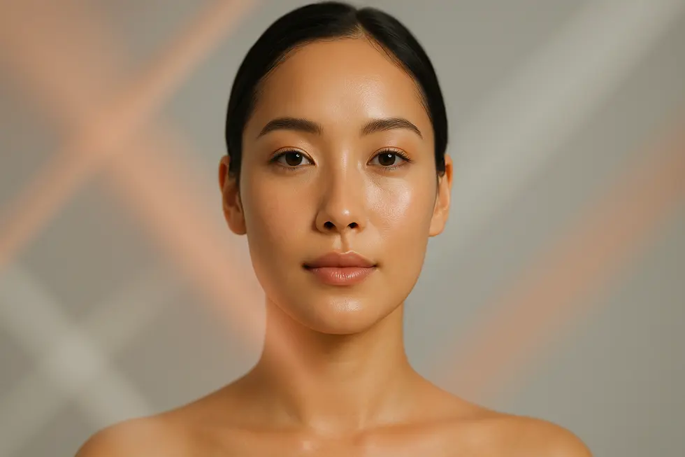 A woman with radiant skin, with abstract terracotta and gray light effects symbolizing the triple toning laser procedure.