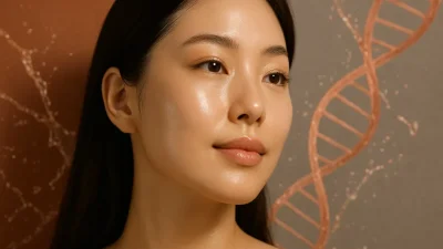 A woman with flawless, glowing skin, with an abstract background representing the salmon DNA origins of Rejuran Healer.