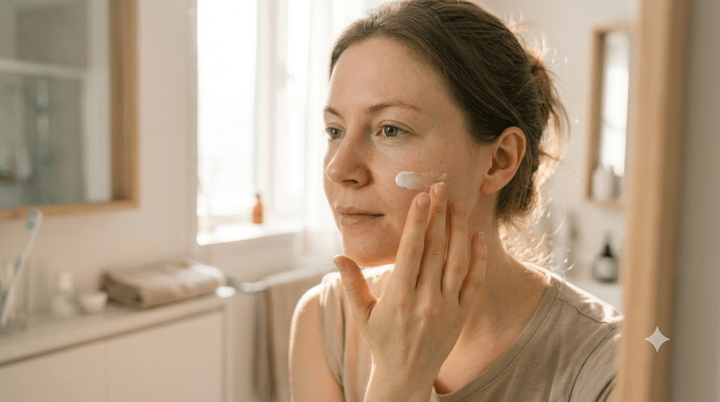 Applying Korean pharmacy PDRN cream as the last skincare step