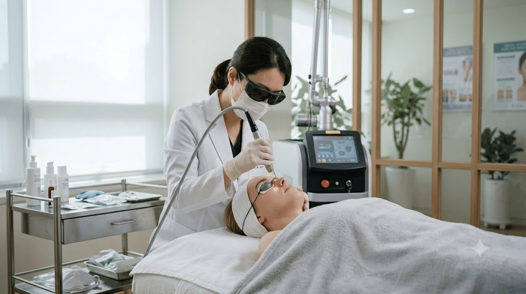 Dark spot laser treatment for hyperpigmentation at a Korean clinic