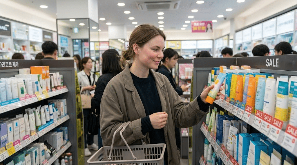 Tourist shopping skincare during the Olive Young sale in Myeongdong, Seoul