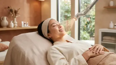 A woman gently touching her firm facial skin with a soft glowing light.
