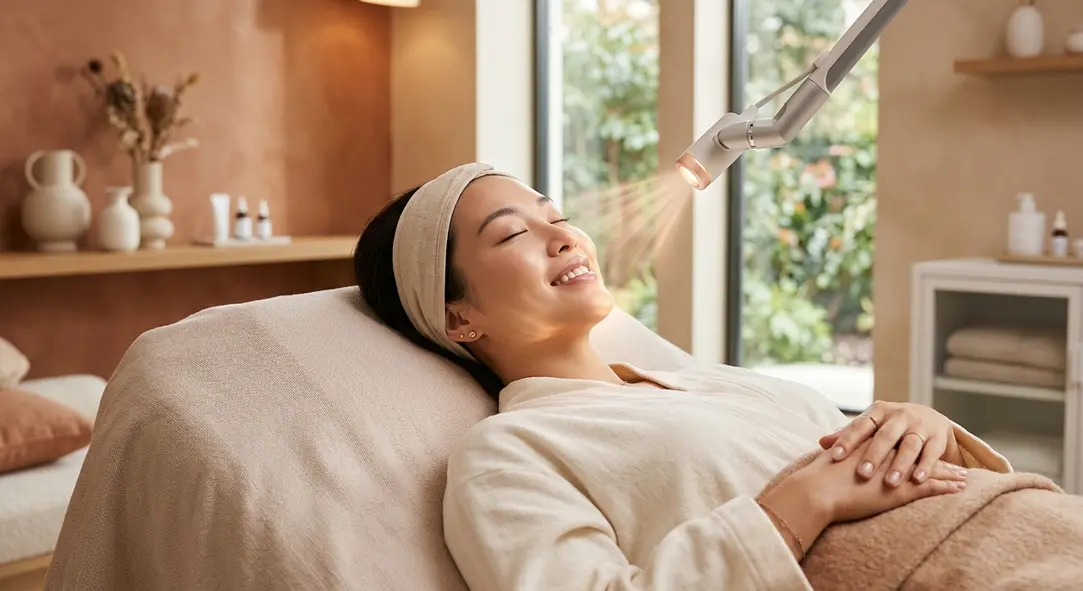 A woman gently touching her firm facial skin with a soft glowing light.