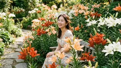 A breathtaking landscape featuring a sun-drenched garden filled with colorful blooming lilies.