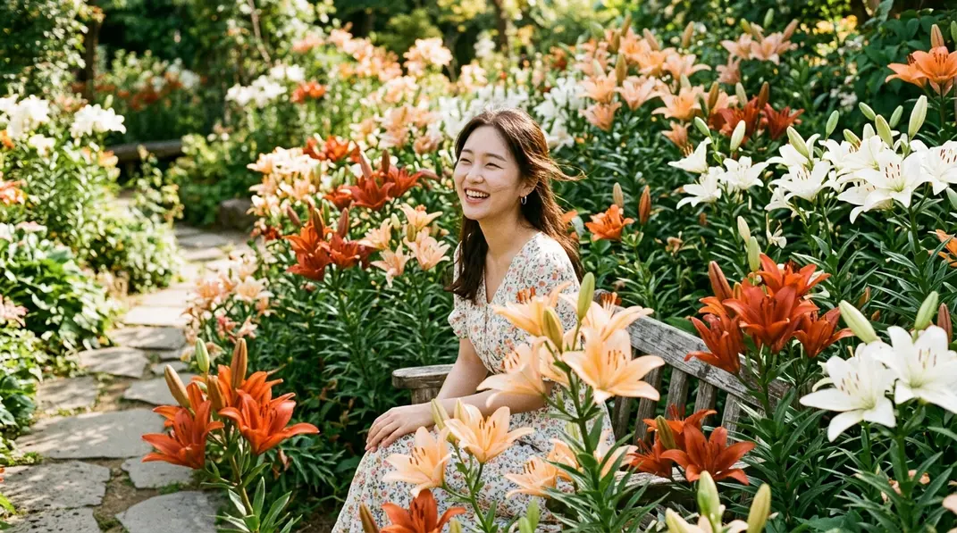 A breathtaking landscape featuring a sun-drenched garden filled with colorful blooming lilies.