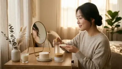 A minimalist vanity table featuring hydrating toner, cotton pads, and face cream