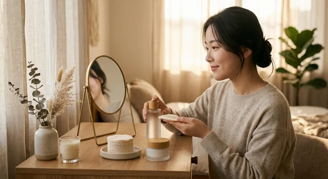 A minimalist vanity table featuring hydrating toner, cotton pads, and face cream