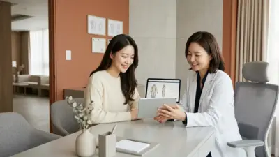 A female plastic surgeon consulting with a smiling patient in a modern clinic.