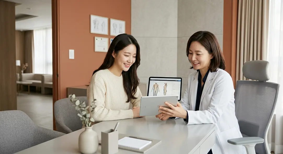 A female plastic surgeon consulting with a smiling patient in a modern clinic.