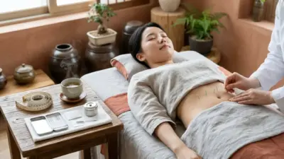 A serene setup featuring acupuncture needles, herbal tea, and a measuring tape, representing diet acupuncture.