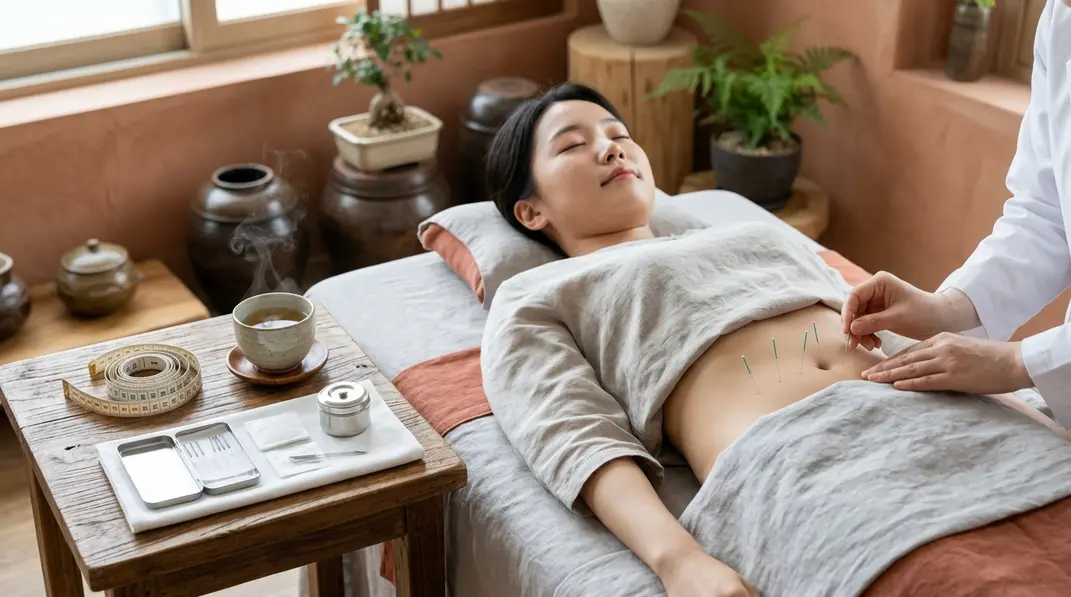 A serene setup featuring acupuncture needles, herbal tea, and a measuring tape, representing diet acupuncture.