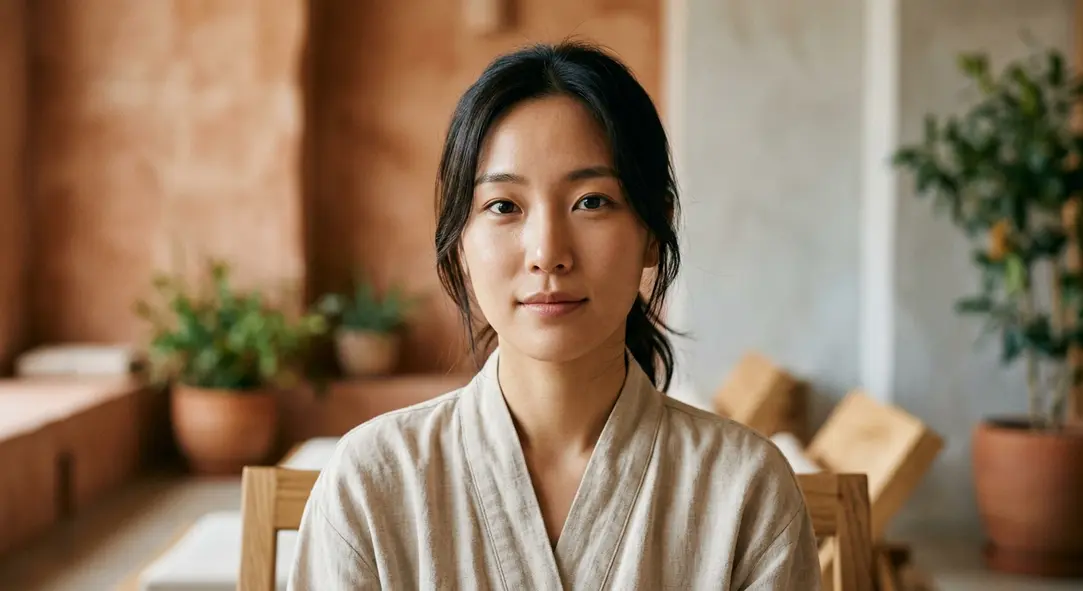 A beautiful portrait of an Asian woman with a natural double eyelid crease, radiating confidence.