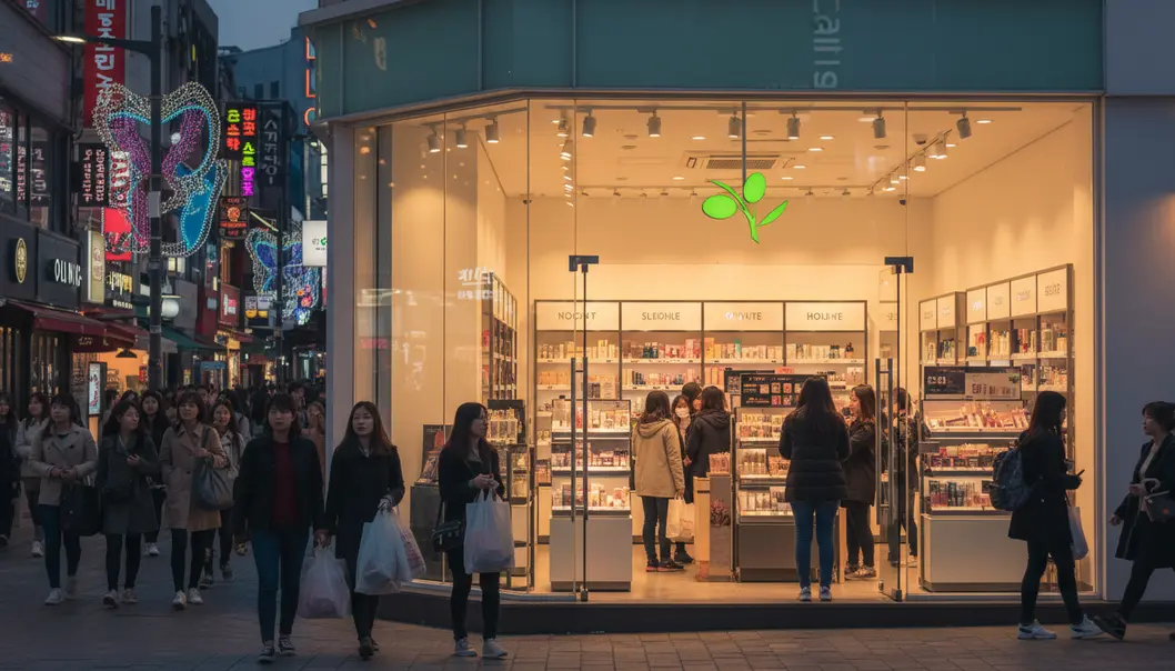 The bustling Olive Young flagship store in the heart of Myeongdong, Seoul.