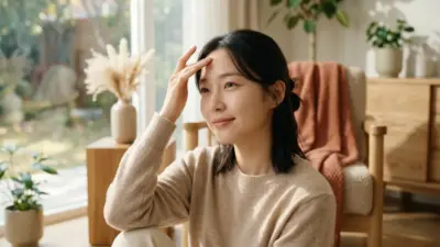 A serene woman gently touching her smooth forehead, showcasing a youthful, rejuvenated appearance from frown Botox.