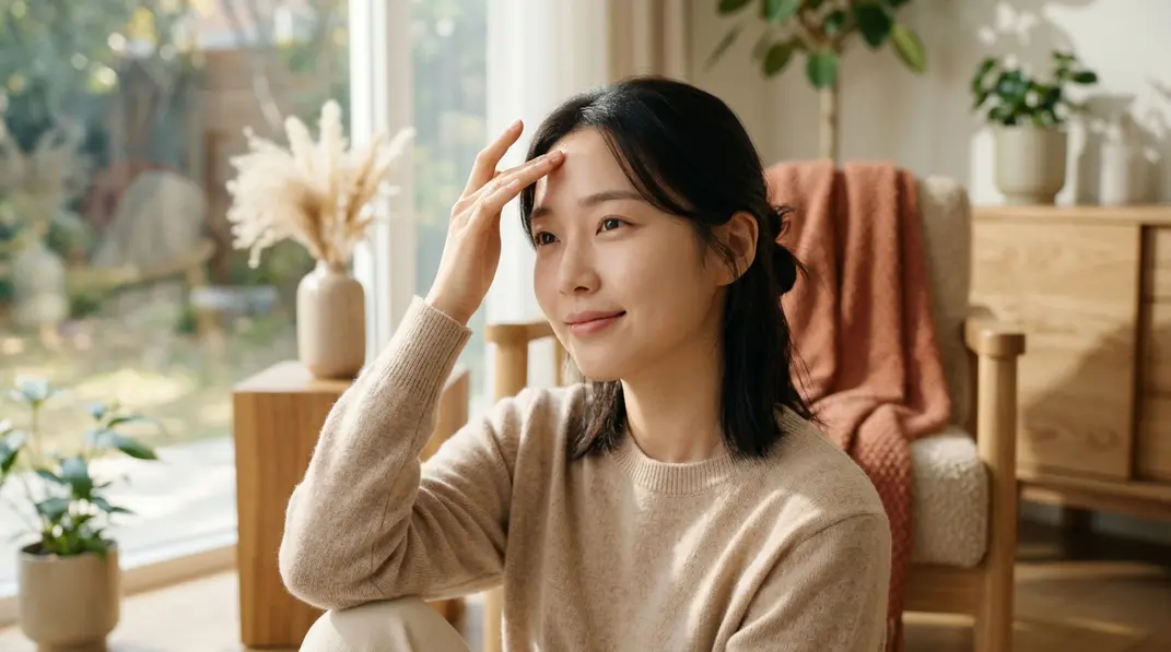 A serene woman gently touching her smooth forehead, showcasing a youthful, rejuvenated appearance from frown Botox.