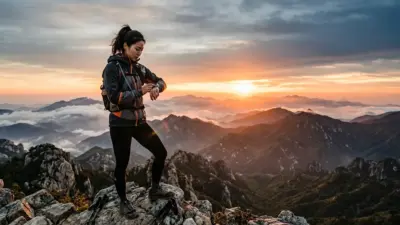 An athlete checking the Intense Ultra smartwatch on a mountain peak at sunrise.