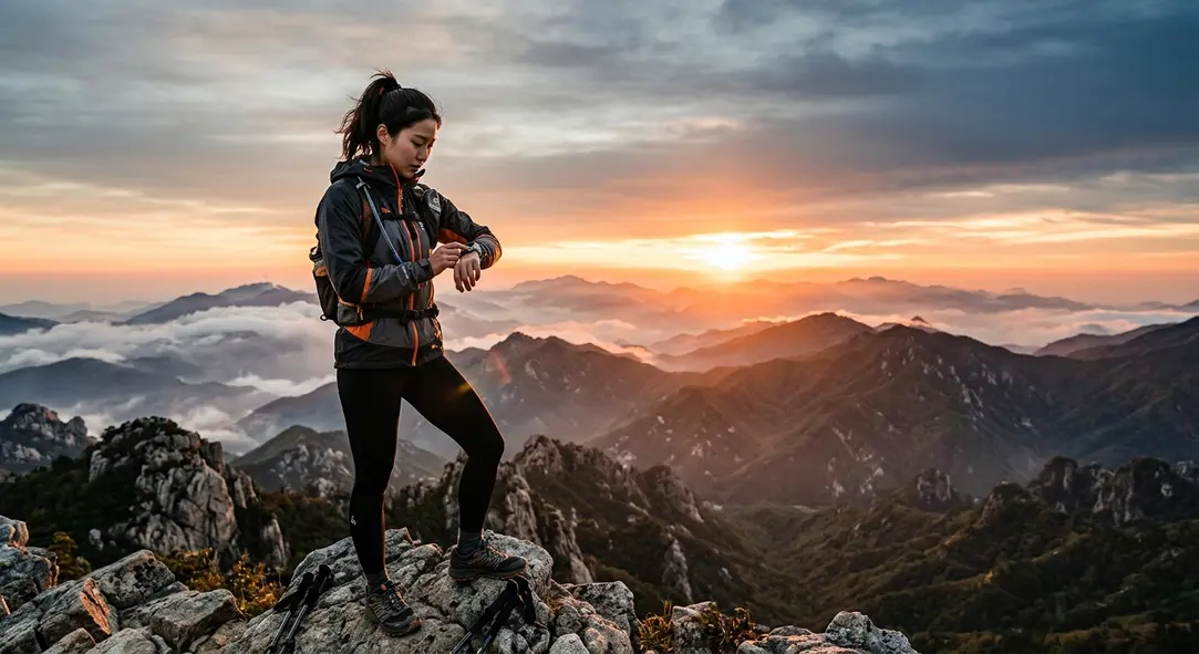 An athlete checking the Intense Ultra smartwatch on a mountain peak at sunrise.