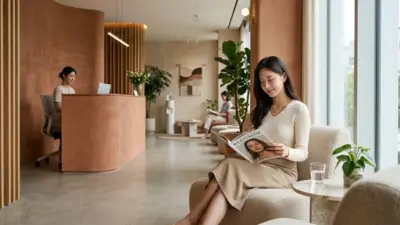Luxurious and modern dermatology clinic lobby in Seoul, South Korea.