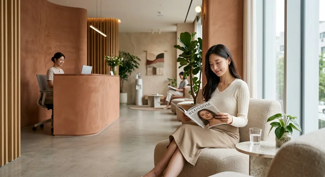 Luxurious and modern dermatology clinic lobby in Seoul, South Korea.