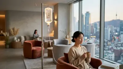 A luxurious and calming Korean aesthetic clinic room featuring an IV drip.