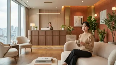 A bright, welcoming reception area of a premium plastic surgery clinic in Seoul.