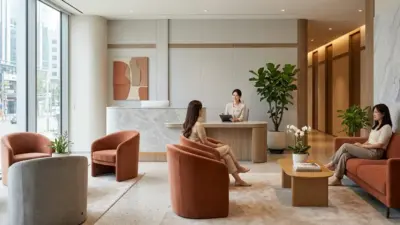 A luxurious and modern reception area of a Korean dermatology clinic in Seoul.
