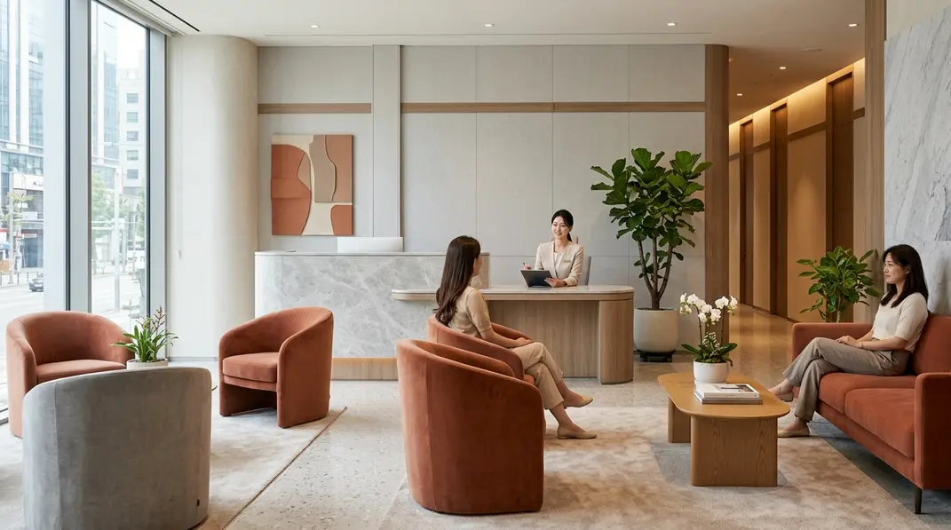 A luxurious and modern reception area of a Korean dermatology clinic in Seoul.