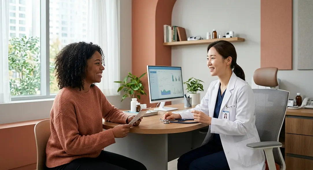 An expat smiling confidently while visiting a modern medical clinic in South Korea.