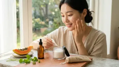 Various Korean exfoliator skincare products arranged beautifully to show the gentle path to glass skin.