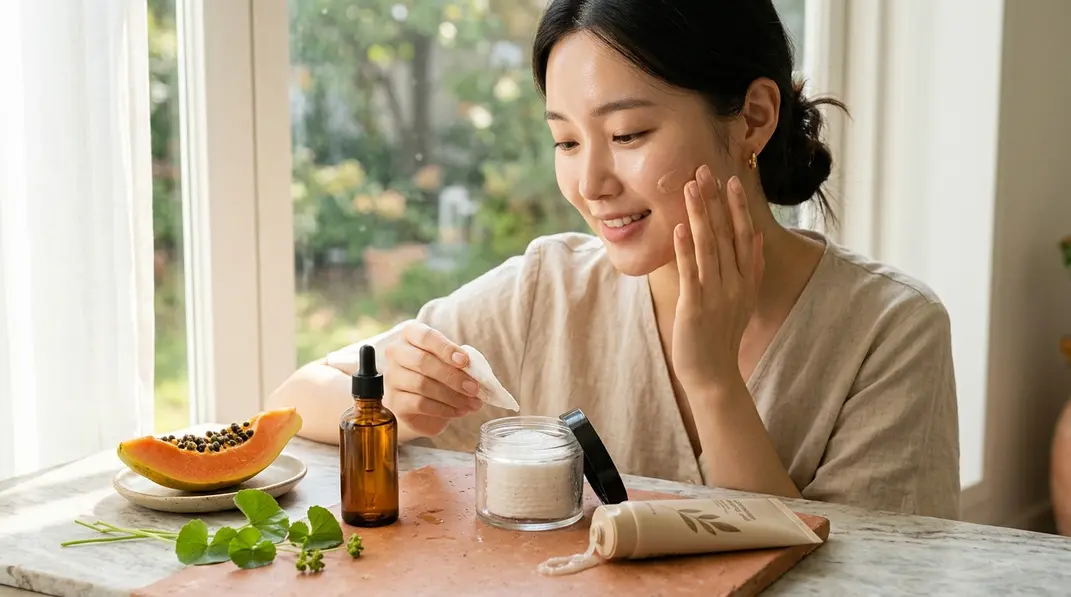 Various Korean exfoliator skincare products arranged beautifully to show the gentle path to glass skin.