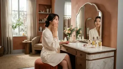 A K-pop idol looking into a mirror, applying skincare products to her glowing skin.