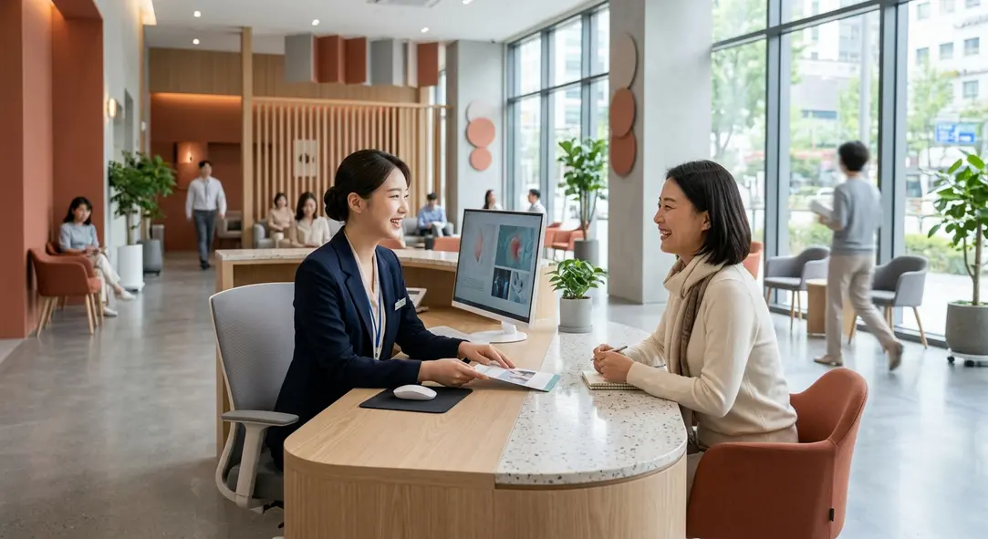 A welcoming modern medical clinic lobby in Seoul