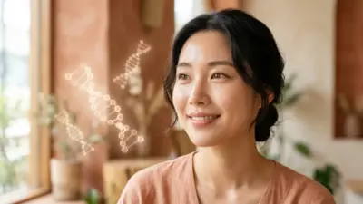 A beautiful woman with glowing, healthy skin smiling softly, next to abstract floating collagen molecules.